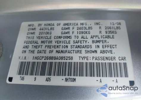 2009 Honda Accord Exl from USA, damaged, VIN 1HGCP26889A085258